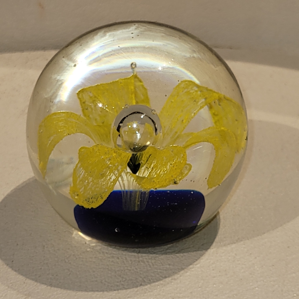 Yellow and Blue Glass Paperweight